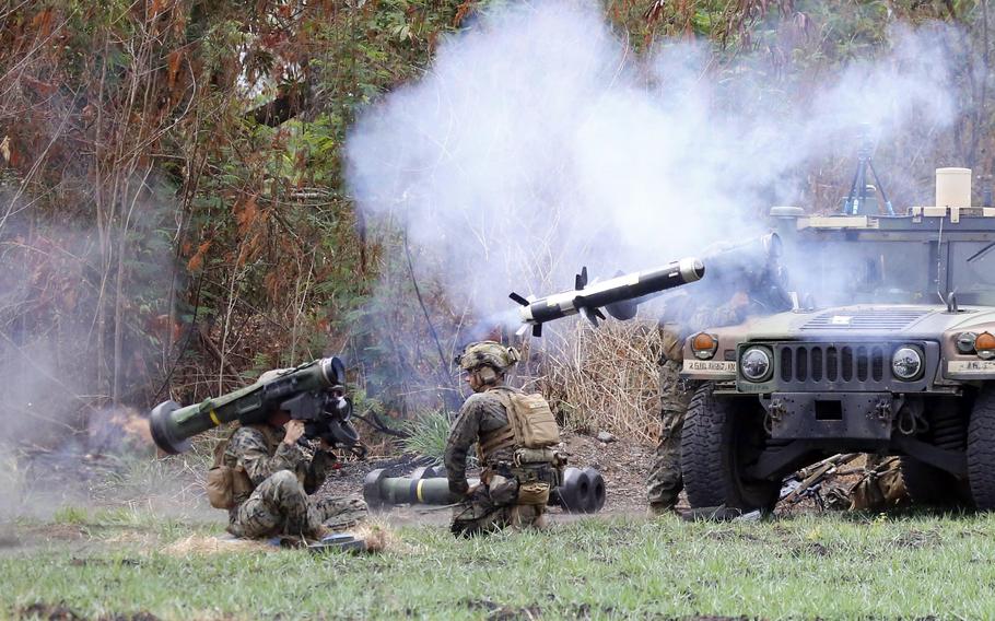 A U.S. Marine fires a Javelin anti-tank missile during a Balikatan drill at Fort Magsaysay, Philippines, April 13, 2023.