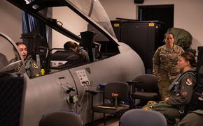 Female pilots assigned to the 4th Fighter Wing begin ground-testing an in-flight bladder relief system Feb. 15, 2023, at Seymour Johnson Air Force Base, N.C. 