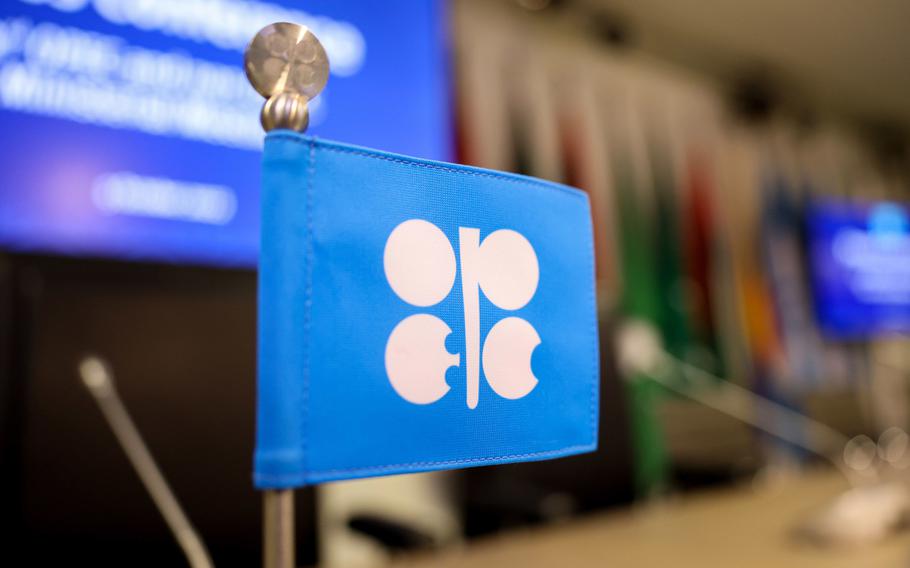 An OPEC-branded flag on a delegate desk ahead of the 33rd meeting of the Organization of Petroleum Exporting Countries (OPEC) and non-OPEC countries in Vienna, Austria, on Oct. 5, 2022.