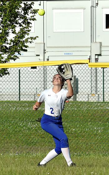 Rota center fielder Maya Petty catches a fly ball against Spangdahlem during the Divisions II/III DODEA European softball championships May 22, 2024, on Ramstein Air Base, Germany.