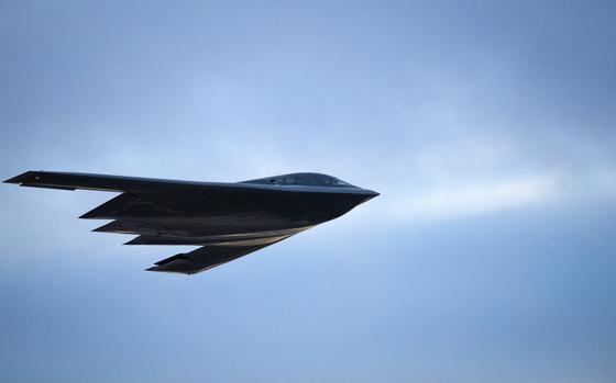 A U.S. Air Force B-2 Spirit bomber assigned to the 509th Bomb Wing, Whiteman Air Force Base, Missouri, flies over Luke Air Force Base, Arizona, Nov. 15, 2022. Two bombers participated in a training exercise with multi-nation assets assigned to Luke AFB, meant to familiarize pilots with different airframe operations.