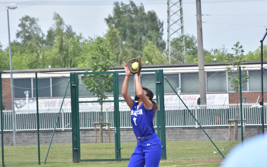 Ramstein shortstop Keilani Gonzalez catches a popup in the Royals 3-2 victory over Wiesbaden in the DODEA-Europe Division I softball championship game Saturday, May 20, 2023, at Kaiserslautern, Germany.