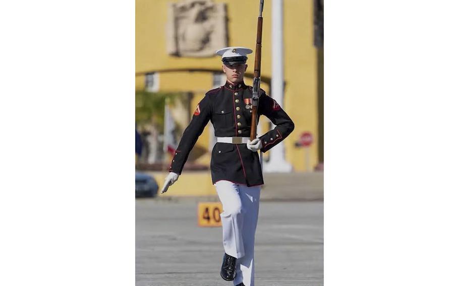 A video screen grab shows Lance Cpl. Davis Mosqueda, a member of the U.S. Marine Corps Silent Drill Platoon, before he was killed while on vacation in his hometown of Boise, Idaho, on Dec. 30, 2020.