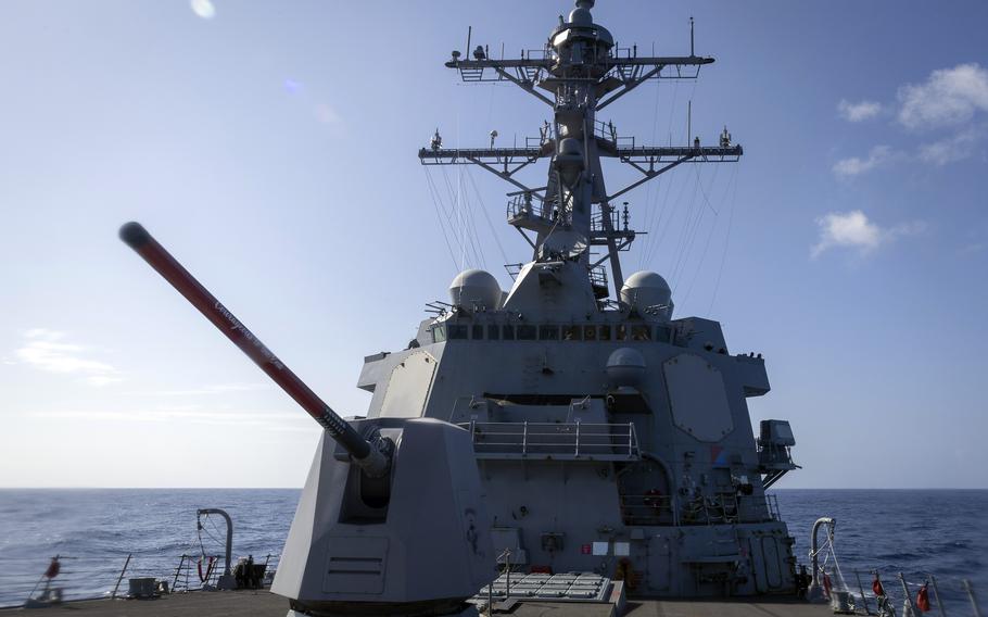 The guided-missile destroyer USS Rafael Peralta sails near the Luzon Strait in the Philippine Sea, March 1, 2024.