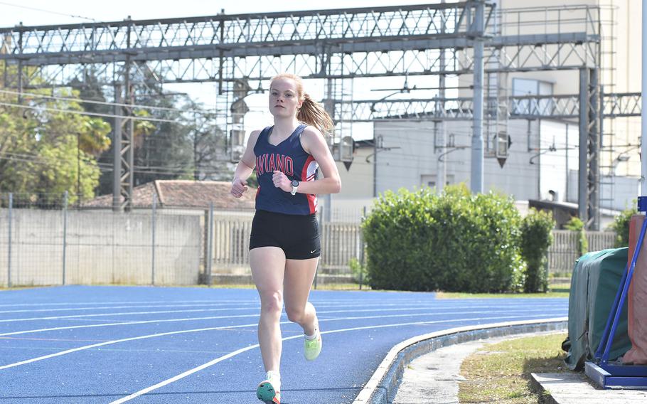 Aviano's Ryleigh Ervin is all alone in winning the girls 1,600 meters Saturday, April 29, 2023, at a DODEA-Europe track meet in Pordenone, Italy.