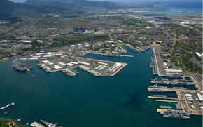 An aerial view of ships moored at Joint Base Pearl Harbor-Hickam and Ford Island during the Rim of the Pacific exercise on July 5, 2024. 