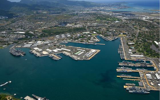 An aerial view of ships moored at Joint Base Pearl Harbor-Hickam and Ford Island during the Rim of the Pacific exercise on July 5, 2024. 