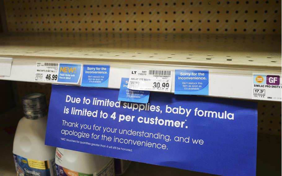 A due to limited supplies sign is shown on the baby formula shelf at a grocery store Tuesday, May 10, 2022, in Salt Lake City. Parents across much of the U.S. are scrambling to find baby formula after a combination of supply disruptions and safety recalls have swept many of the leading brands off store shelves.