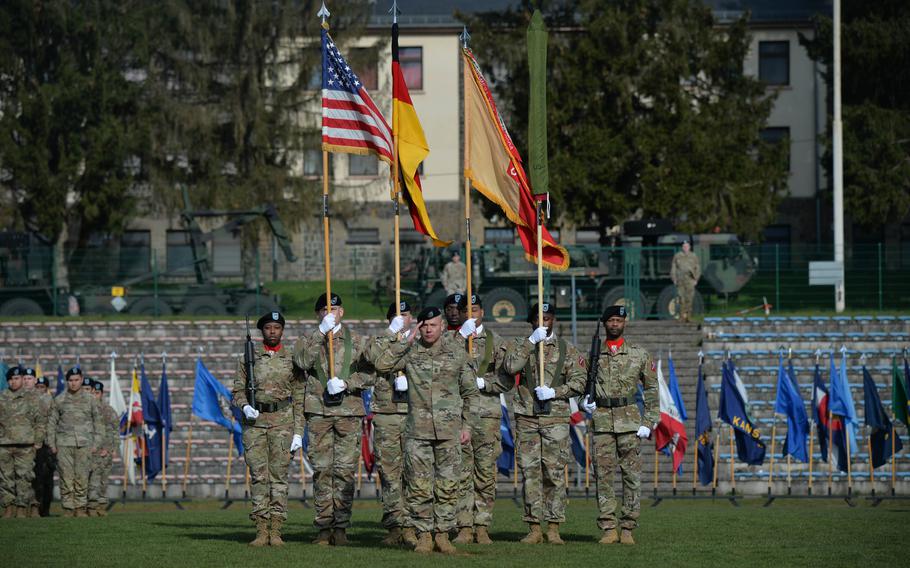 Command Sgt. Maj. Luis Ortiz-Escalera gives the first salute to Lt. Col. Robin A. Eskelson, after she assumed command of the reactivated 95th Combat Sustainment Support Battalion, April 6, 2023, during a ceremony at Smith Barracks in Baumholder, Germany.