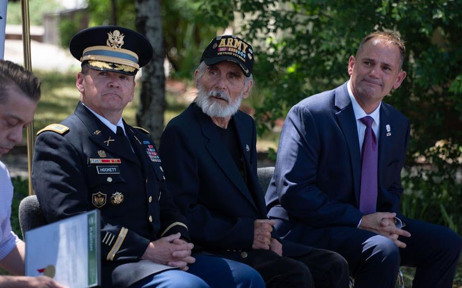 Vietnam Veteran David Garthman, center, attends an event in his honor on Wednesday, June 8, 2022.