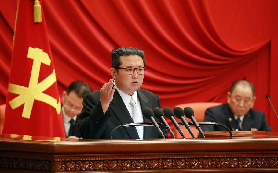 North Korean leader Kim Jong Un attends a Workers' Party of Korea meeting in undated image from the state-run Korean Central News Agency. 
