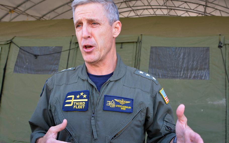 Vice Adm. Steve Koehler, commander of the Navy’s 3rd Fleet, speaks with reporters at Joint Base Pearl Harbor-Hickam, Hawaii, Monday, Aug. 9, 2021.