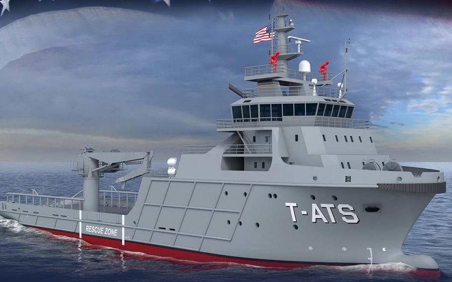 A graphic representation of a U.S. Military Sealift Command Navajo-class towing, salvage and rescue ship.