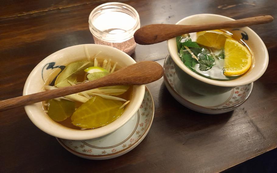 Tea infused with lemongrass, anise and fresh herbs prepares the palate for the tastes to come at Tokygon in Wiesbaden.