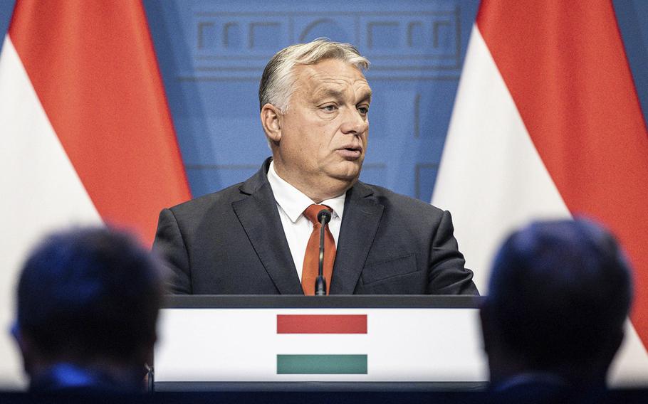 Viktor Orban, Hungary’s prime minister, speaks during a news conference in Budapest, on Oct. 3, 2022. 