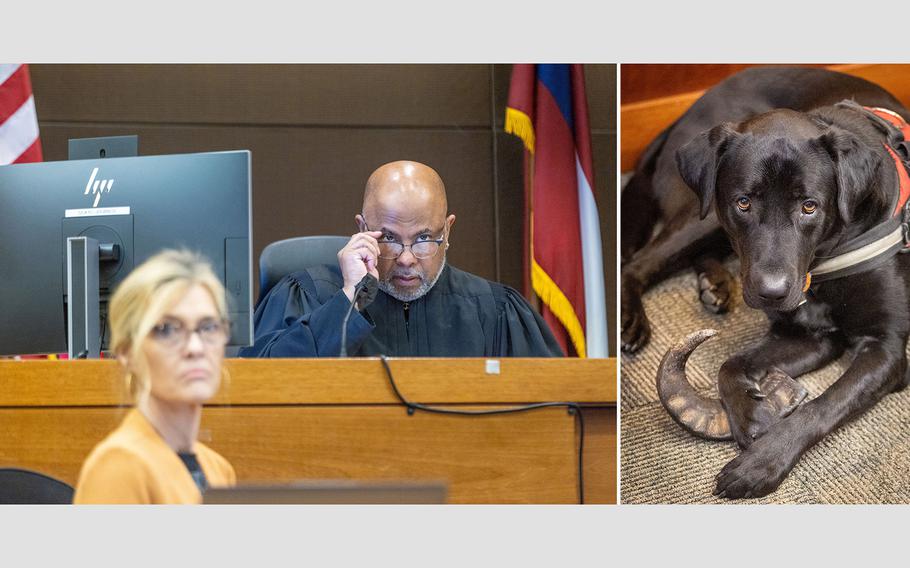 Judge Ural Glanville and court reporter Kristina Weaver are seen during a trial in Atlanta on Oct. 31, 2023. At right, Glanville’s service dog, Jack, relaxes in the judge’s office on Sept. 26, 2023.