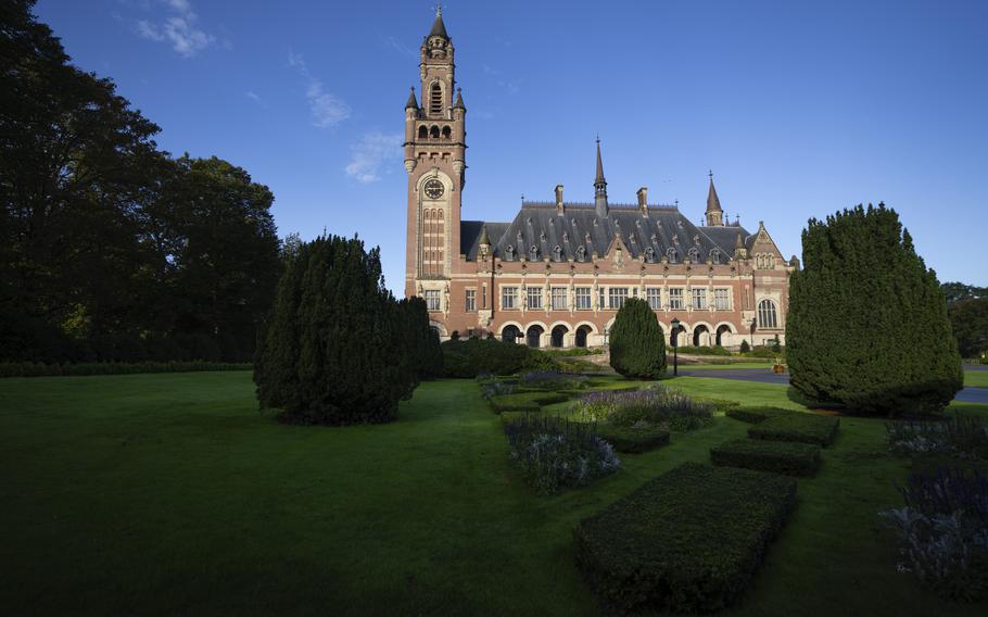 View of the Peace Palace which houses World Court where Ukraine’s legal battle against Russia over allegations of genocide used by Moscow to justify its 2022 invasion, resumed in The Hague, Netherlands, Monday, Sept. 18, 2023. 