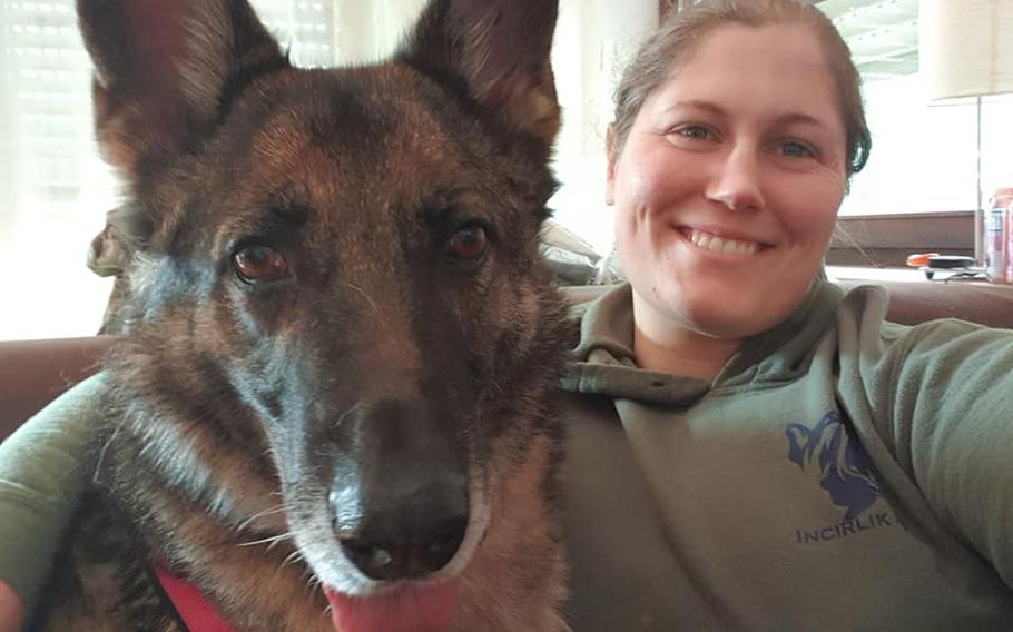 Bora and one of her handlers at Spangdahlem Air Base, Germany, Staff Sgt. Adrienne Dunham. The pair deployed to Incirlik Air Base in Turkey and went on missions in Paris and Brussels during the 18 months they worked together, from 2016-2017.