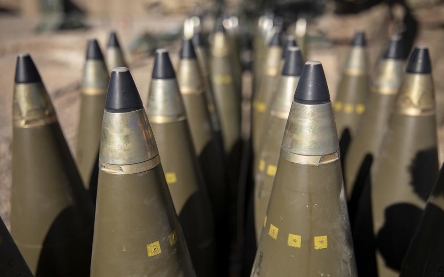 Multiple 155mm rounds are displayed during a howitzer live-fire exercise at al Asad Air Base, Iraq in 2020. 
