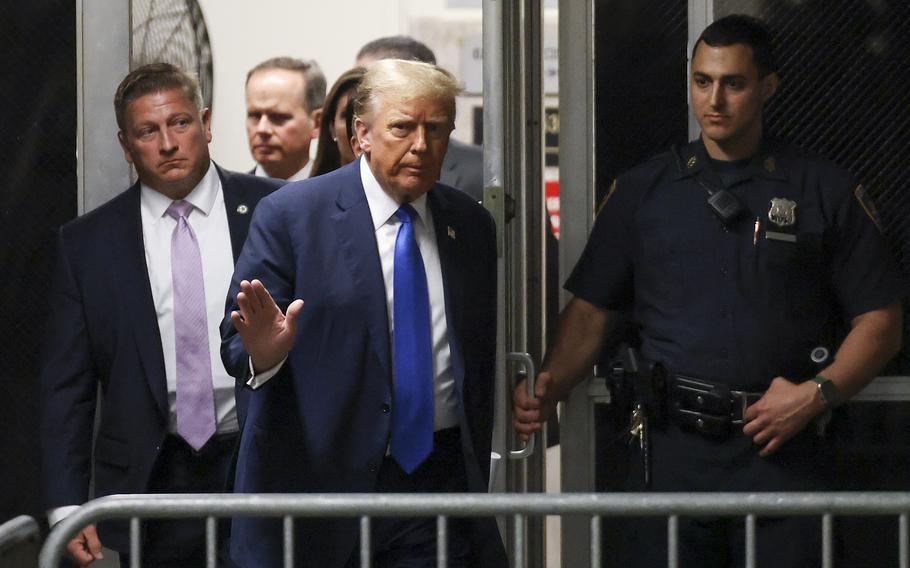 Former President Donald Trump returns to the courtroom after a recess at Manhattan criminal court, Monday, April 22, 2024, in New York. 