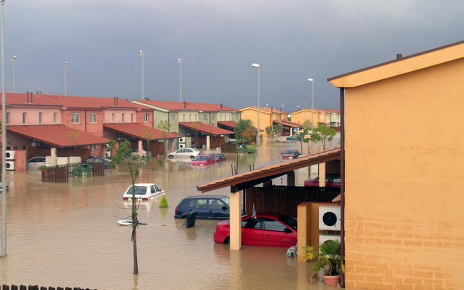 The family housing complex at Naval Air Station Sigonella, Sicily, flooded in 2005. Recent rains again caused widespread flooding and power outages in the region. 