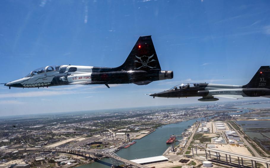 Two T-38 Talon aircraft from Laughlin Air Force Base fly in the Wings Over South Texas air show in Corpus Christi Texas, May 2, 2021. 
