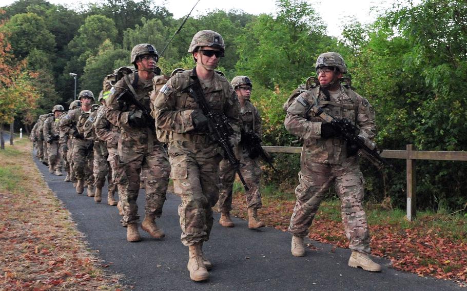 U.S. soldiers with the 2nd Cavalry Regiment march near Vilseck, Germany. Europeans, especially Germans, favor U.S. involvement in European security matters, according to a German Marshall Fund poll released June 7, 2021.