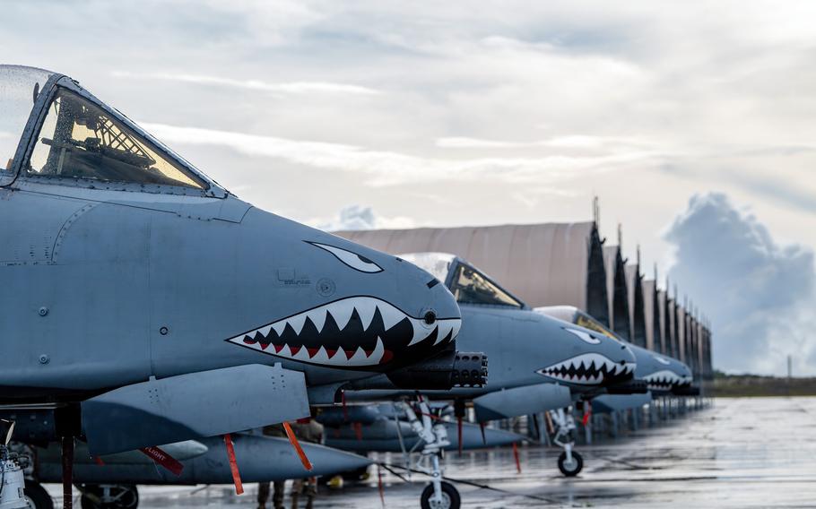 A row of A-10C Thunderbolt IIs at Andersen Air Force Base, Guam, Oct. 23, 2022.