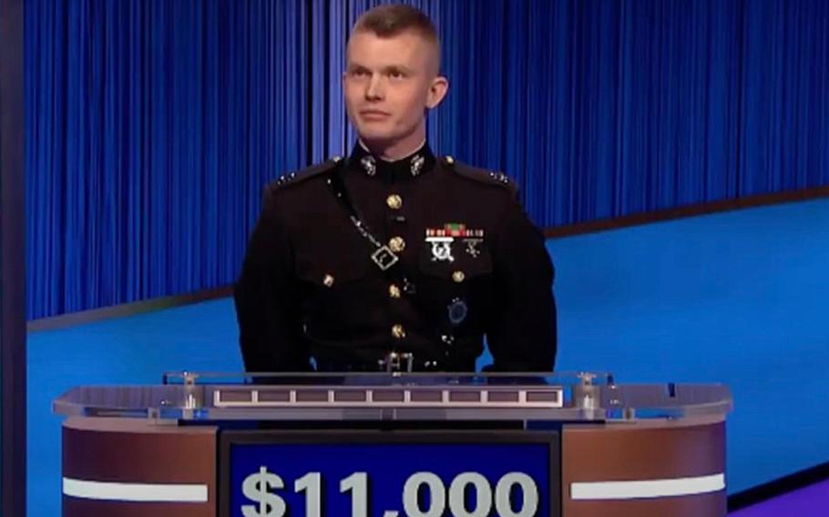 Capt. Tyler Vandenberg plays for a spot in the final round of the Champions Wildcard "Jeopardy" tournament on Dec. 13, 2023. He went on to win and will have a shot at a $100,000 prize. 