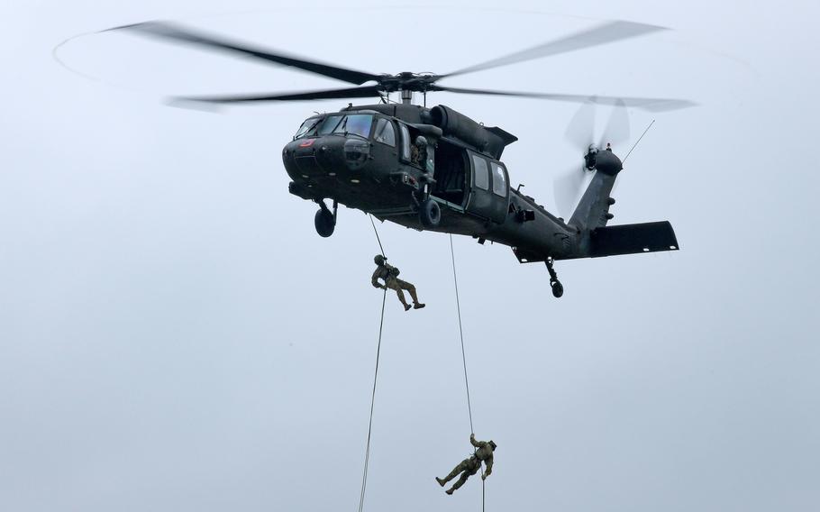 Soldiers from units across Europe take part in an air assault course at Grafenwoehr Training Area, Germany, on Sept. 16, 2021. In a new poll of Americans, nearly half of of those surveyed think the U.S. needs to scale down its military activities abroad. 