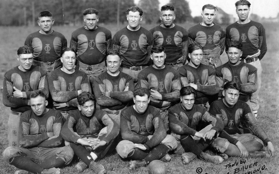 The Oorang Indians played in the NFL in 1922-1923 and had all Native American players, including Olympic star Jim Thorpe, third from left in back row, as a player-coach. 