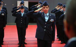 Kaiserslautern, Germany, March 6, 2010: Aviano High School senior Melanie Vasquez requests permission to use the drill pad during the Regulation Drill competition at Kaiserslautern High School.

Read the story and check out additional photos here. [https://www.stripes.com/special-reports/jrotc-helps-seniors-prepare-for-next-step-1.105820]

META TAGS: ROTC; Reserve Officer Training Corps; DODEA; DODDS; military education