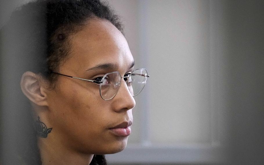 U.S. WNBA star Brittney Griner sits inside a defendants’ cage before a hearing at the Khimki Court, outside Moscow, Russia, on July 27, 2022. 
