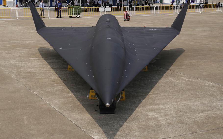 Chinese People’s Liberation Army (PLA) Air Force displays its high-altitude supersonic drone the WZ-8 during the 13th China International Aviation and Aerospace Exhibition, also known as Airshow China 2021 on Tuesday, Sept. 28, 2021, in Zhuhai in southern China’s Guangdong province.