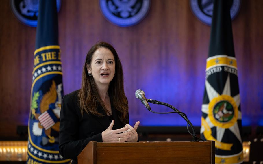 Director of National Intelligence Avril Haines speaks with Homeland Security Secretary Alejandro Mayorkas at the Office of the Director of National Intelligence in McLean, Va., on Sept. 18, 2023.