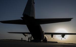 A U.S. Air Force C-130J Super Hercules parked on a ramp at Base 201 in Agadez, Niger, on March 2, 2023. The Defense Department said Sept. 25 that it is assessing the implications of France’s upcoming military withdrawal from Niger for the U.S., which has about 1,100 troops in the country.