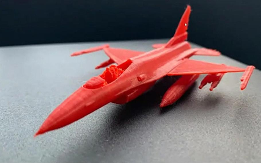 An F-16 Fighting Falcon model was printed from a file that the Air Force plans to publish on its website in October.