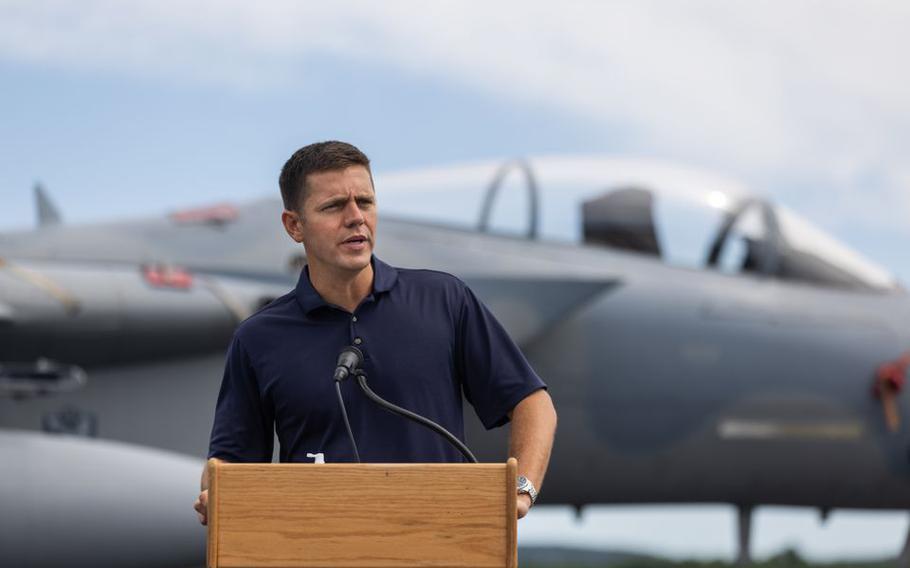 Massachusetts state Sen. John Velis speaks at the ribbon-cutting ceremony for the reopening of Runway 15-33 Wednesday morning.