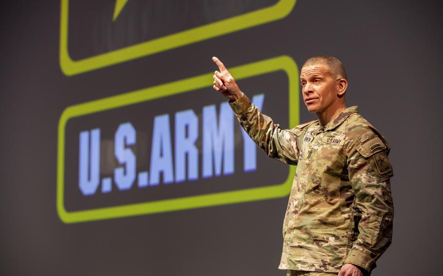 Sgt. Maj. of the Army Michael Grinston gives opening remarks in the U.S. Army People First Take Force Solarium at West Point, N.Y., March 15, 2021. Army noncommissioned officers who have yet to complete mandatory pre-promotion education courses but are otherwise qualified will be allowed to advance to their next rank next year in an expansion of the service’s temporary promotions policy, Grinston said Monday, Nov. 1, 2021.