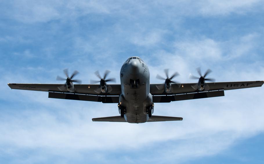 A C-130J Super Hercules assigned to the 36th Airlift Squadron flies over Yokota Air Base, Japan, March 29, 2021.