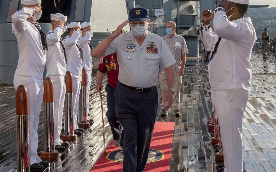 World War II veteran Jack DeTour is piped aboard the Battleship Missouri Memorial for the 75th Anniversary of the End of WWII commemoration ceremony, Sept. 2, 2020, at Pearl Harbor.