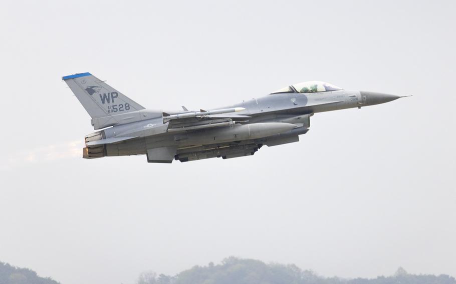 A U.S. Air Force F-16 Fighting Falcon from the 8th Fighter Wing at Kunsan Air Base, South Korea in April 2023.