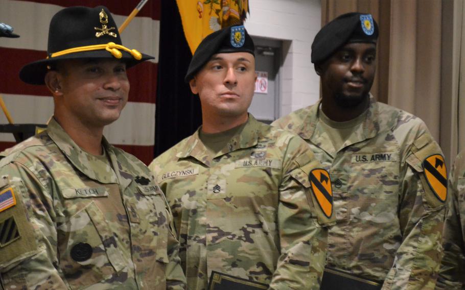 From left, Sgt. 1st Class Nicholas Ketch, Staff Sgt. Stephen Gulczynski and Staff Sgt. Corey Clark, all assigned to the 2nd Battalion, 12th Cavalry Regiment at Fort Hood, Texas, were honored Thursday for intervening when a fellow soldier attempted to die by suicide in June. 