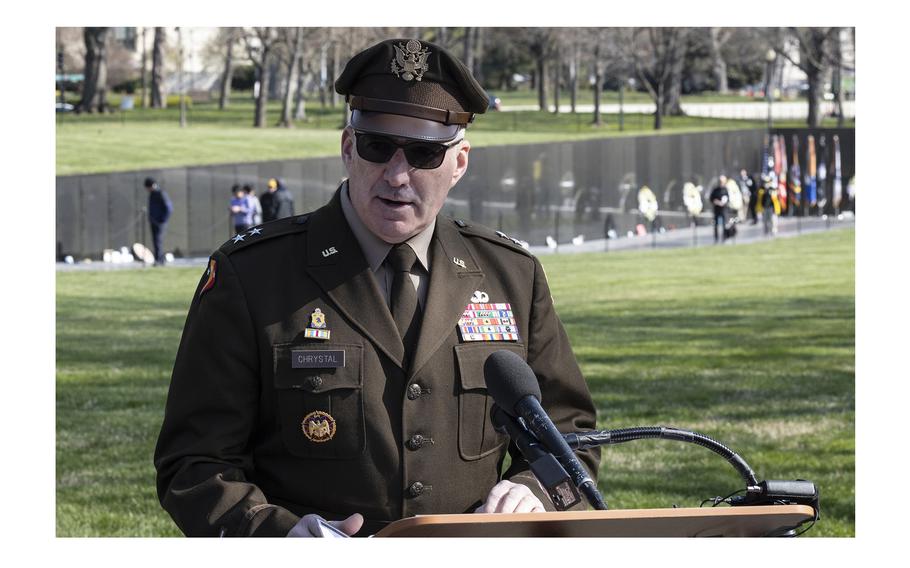 Maj. Gen. Edward J. Chrystal Jr., director of the Vietnam War Commemoration program, speaks at a National Vietnam War Veterans Day ceremony in Washington, D.C., March 29, 2024.