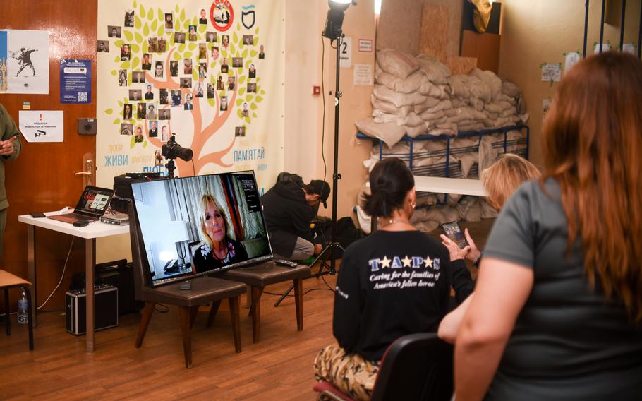 First Lady Jill Biden speaks to Ukrainian survivors in Dnipro, Ukraine, via teleconference, Sept. 21, 2021. Former Secretary of State Hillary Clinton also spoke with and listened to Ukrainian survivors on Sept. 22 during Bonnie Carroll’s visit to the war-torn country.