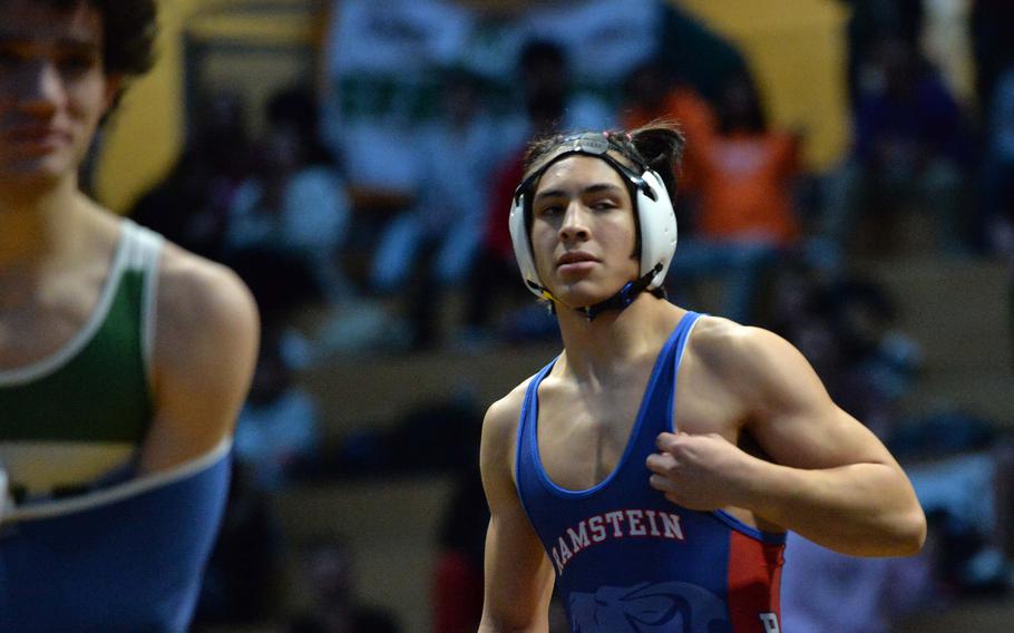 Ramstein’s Isaac Martinez took the 157-pound title at the DODEA-Europe wrestling finals in Wiesbaden, Germany, Feb. 10, 2024, after his opponent Kyson Fromm of Naples could not compete due to an injury.