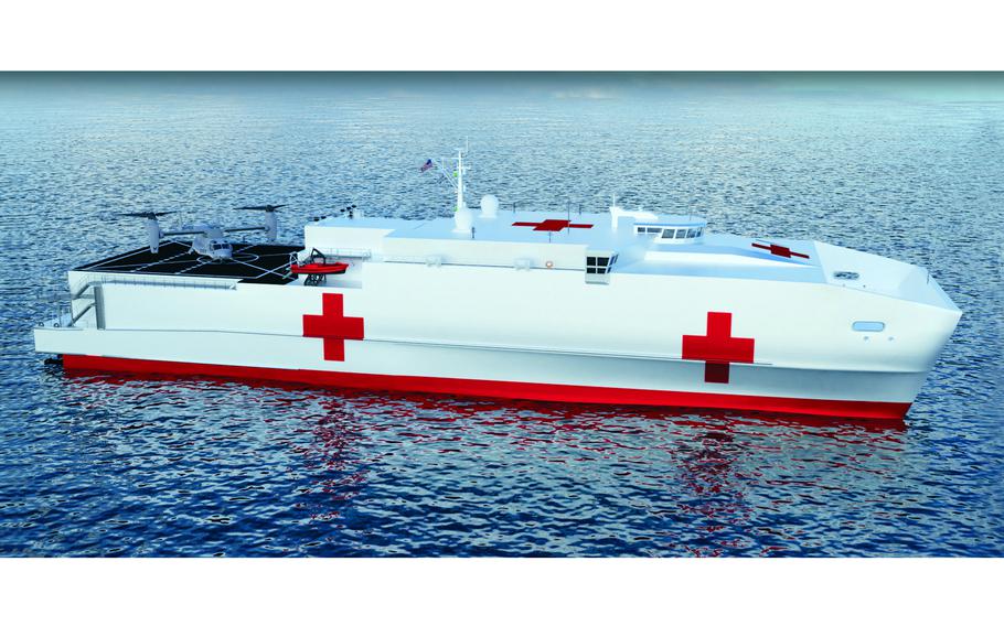 A concept image by shipbuilder Austal USA shows the expeditionary medical ship to be built for the U.S. Navy.