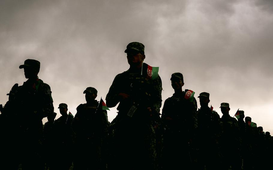 Afghan Security forces parade in a base in Kabul in April 2021.