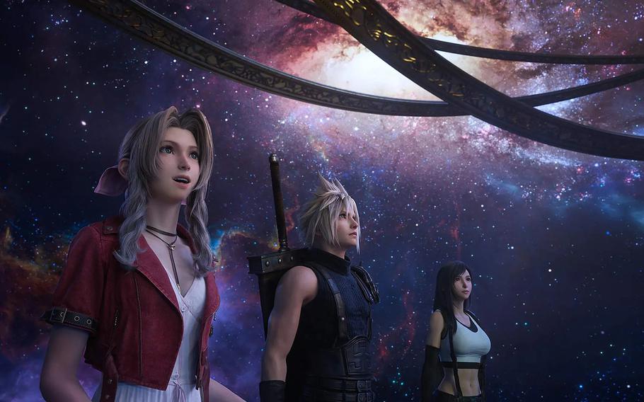 From left, Aerith, Cloud and Tifa continue on their world-saving battle against evil companies and power-hungry opponents in Final Fantasy VII Rebirth, out Feb. 29. 