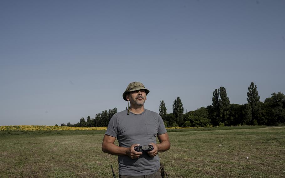 Petro Rozenbaum operates a test flight of the Punisher strike drone at a location outside Kyiv, Ukraine. 
